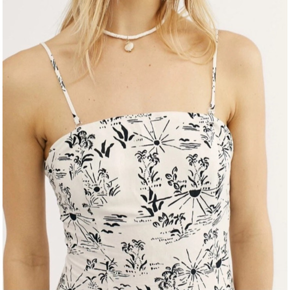 Free People Linen Blend Tunic Top This is Love Smocked Bow Strapless Tropical L - Picture 2 of 16